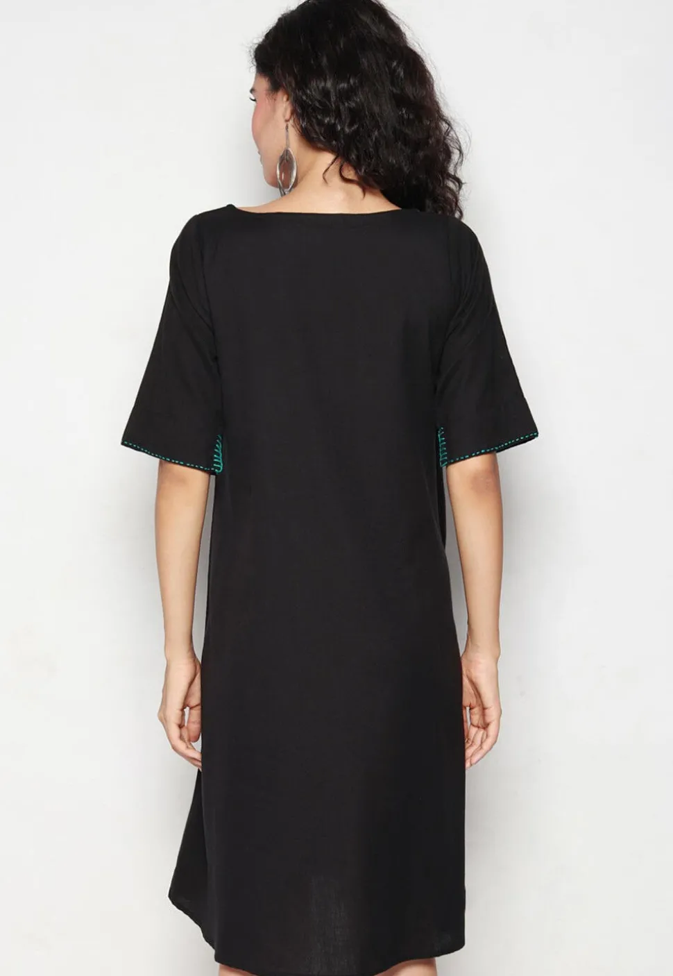 Embroidered Pure Cotton Aline Dress in Black