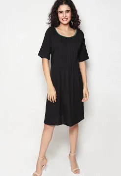Embroidered Pure Cotton Aline Dress in Black