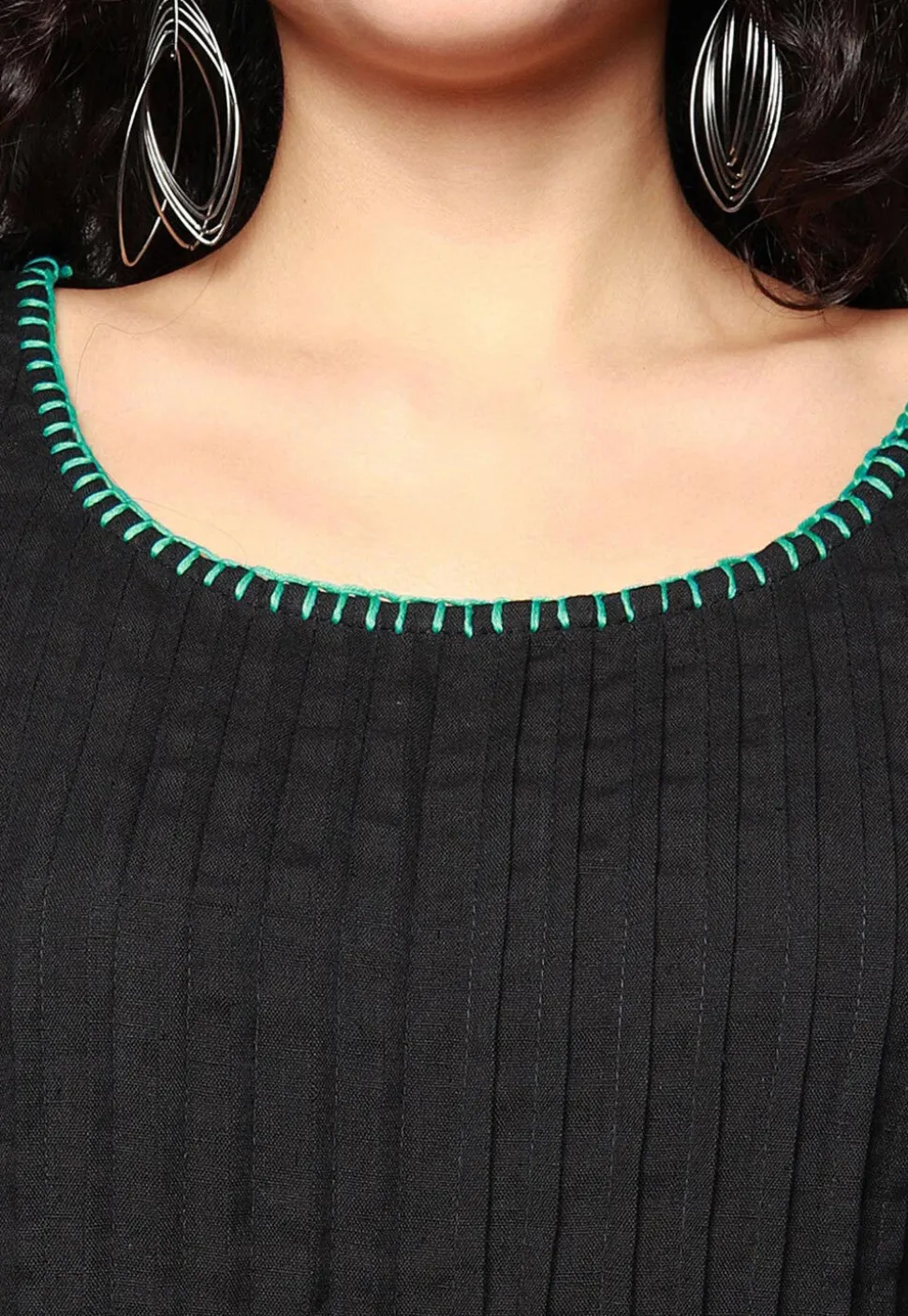 Embroidered Pure Cotton Aline Dress in Black