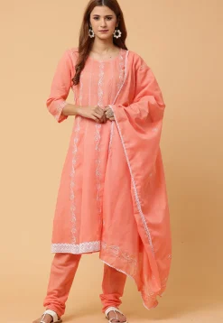 Embroidered Pure Cotton Anarkali Suit in Peach