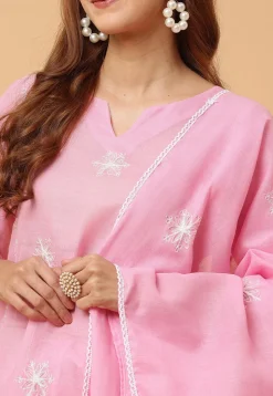 Embroidered Pure Cotton Anarkali Suit in Pink