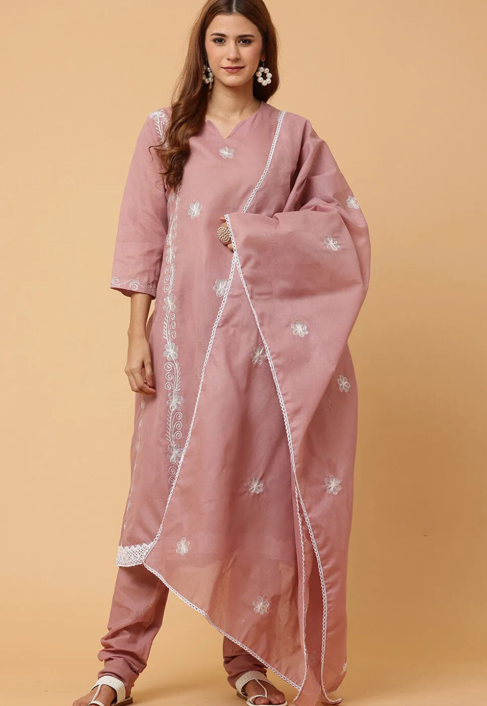 Embroidered Pure Cotton Anarkali Suit in Light Old Rose