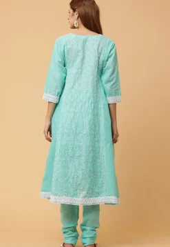 Embroidered Pure Cotton Anarkali Suit in Blue