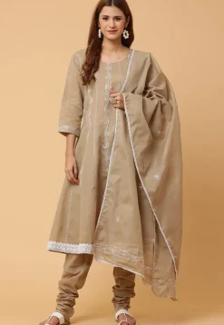 Embroidered Pure Cotton Anarkali Suit in Dark Beige