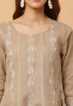 Embroidered Pure Cotton Anarkali Suit in Dark Beige