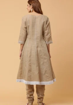 Embroidered Pure Cotton Anarkali Suit in Dark Beige