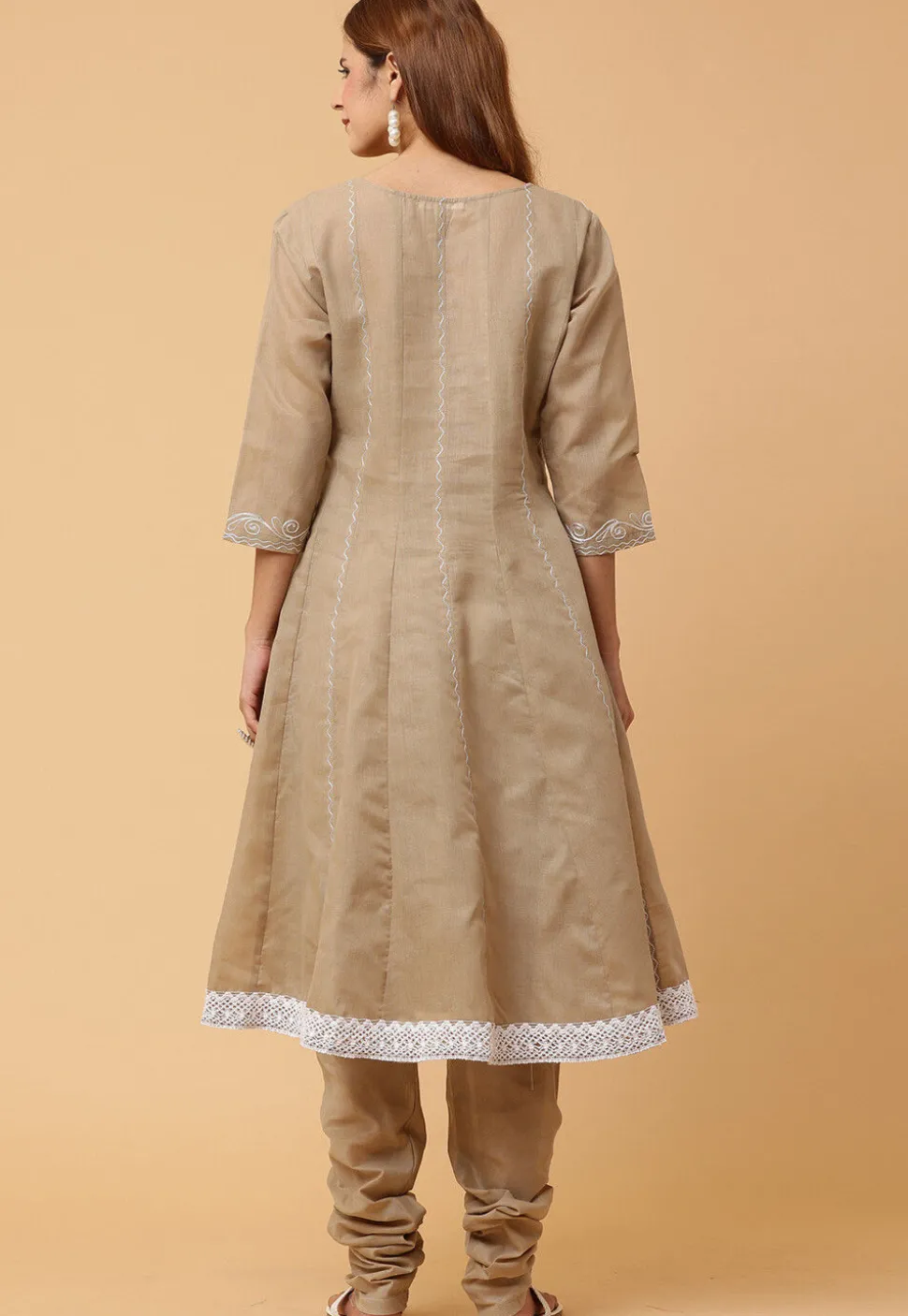 Embroidered Pure Cotton Anarkali Suit in Dark Beige