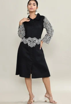 Embroidered Pure Cotton A Line Front Slit Dress in Black
