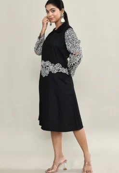 Embroidered Pure Cotton A Line Front Slit Dress in Black