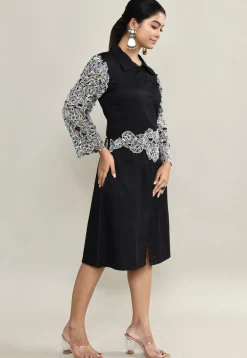 Embroidered Pure Cotton A Line Front Slit Dress in Black