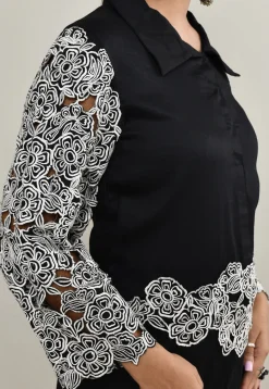 Embroidered Pure Cotton A Line Front Slit Dress in Black