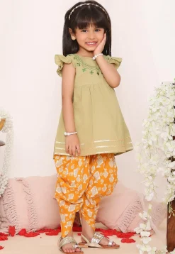 Embroidered Pure Cotton Aline Kurta Set in Dusty Green