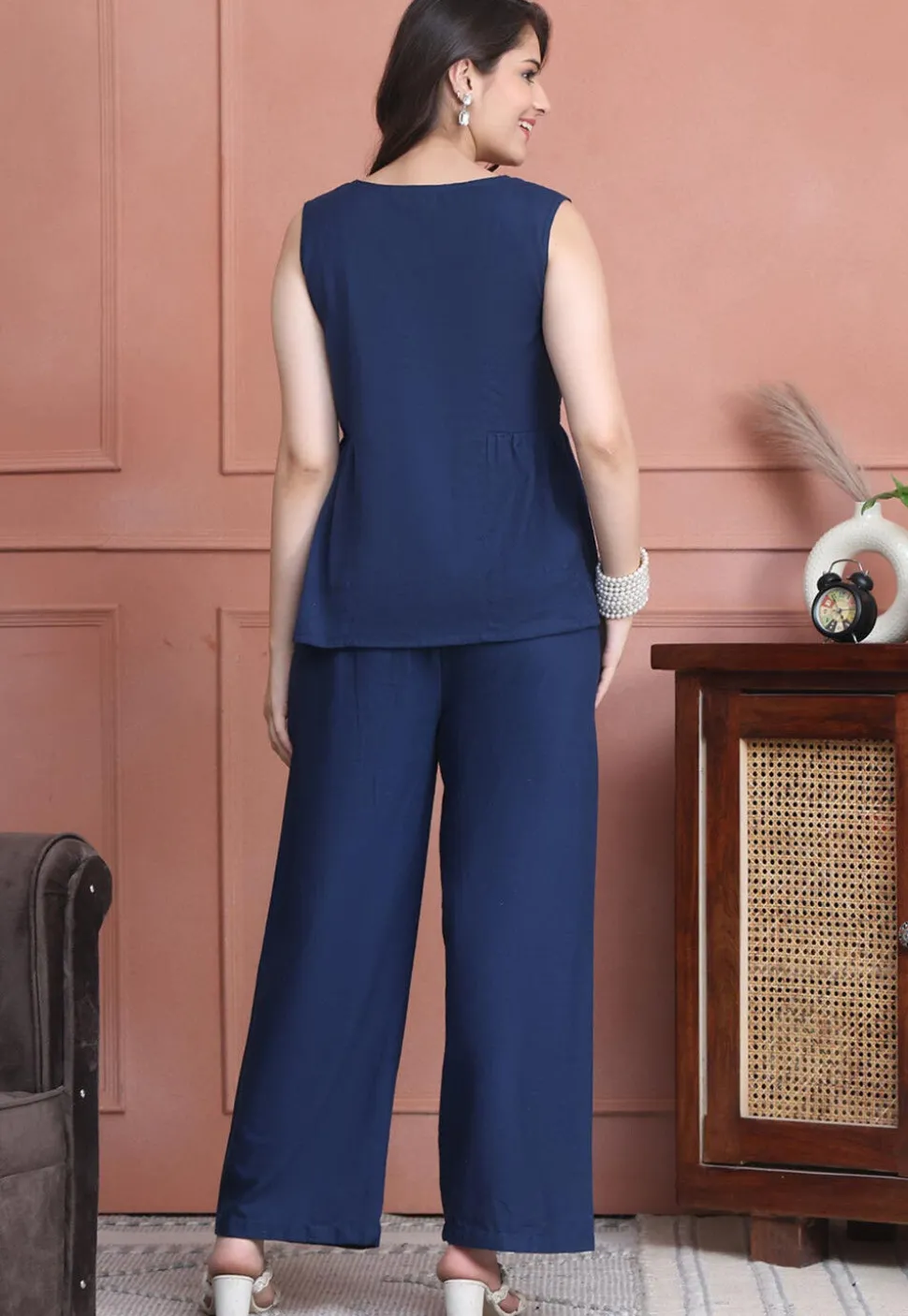 Embroidered Pure Cotton Co Ord Set in Navy Blue