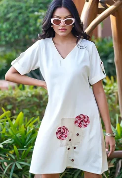 Embroidered Pure Cotton Dress in Off White