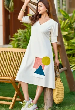 Embroidered Pure Cotton Dress in Off White