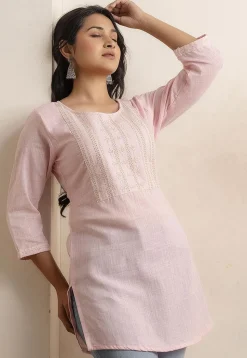 Embroidered Pure Cotton Flex Straight Kurti in Baby Pink