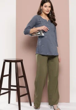 Embroidered Pure Cotton Kurti in Grey