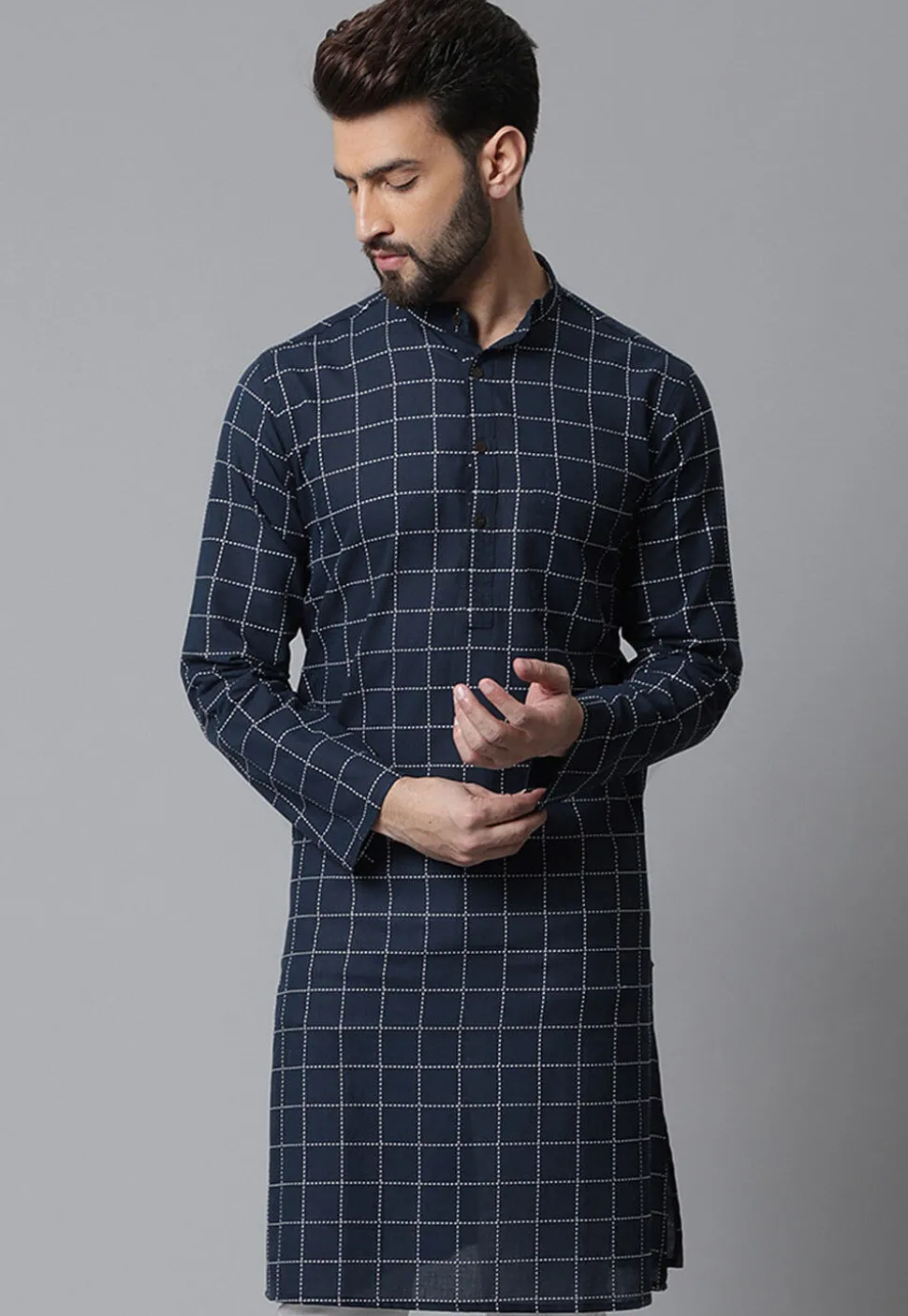 Embroidered Pure Cotton Kurta in Navy Blue