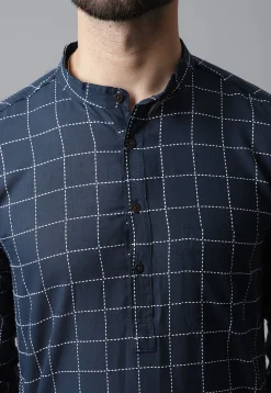Embroidered Pure Cotton Kurta in Navy Blue