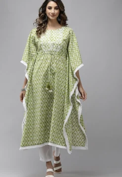 Embroidered Pure Cotton Kaftan Style Kurta in Light Green