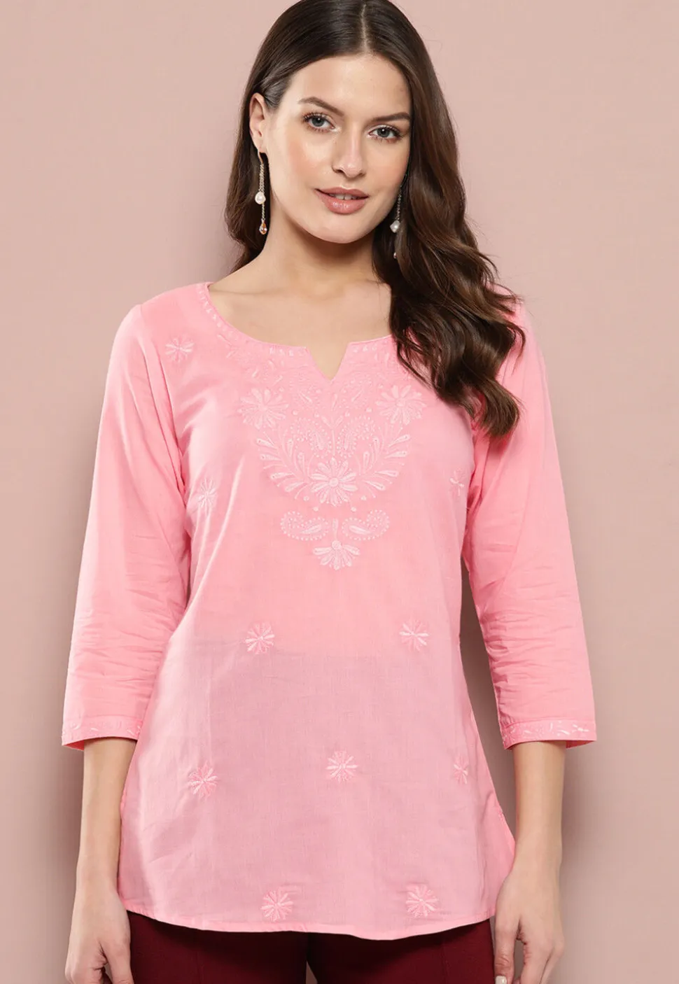 Embroidered Pure Cotton Kurti in Peach