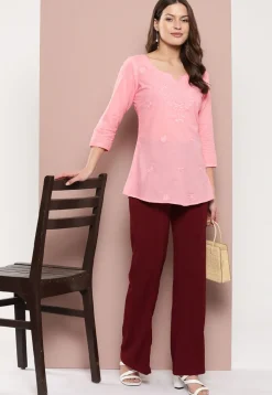 Embroidered Pure Cotton Kurti in Peach