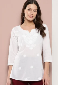 Embroidered Pure Cotton Kurti in White