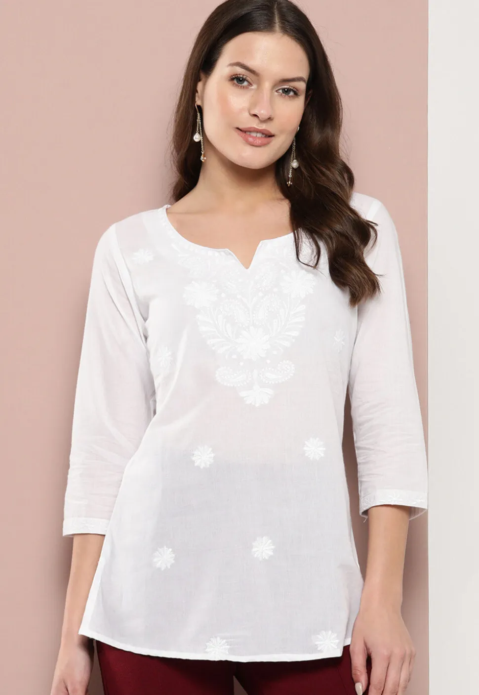 Embroidered Pure Cotton Kurti in White
