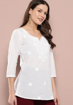 Embroidered Pure Cotton Kurti in White