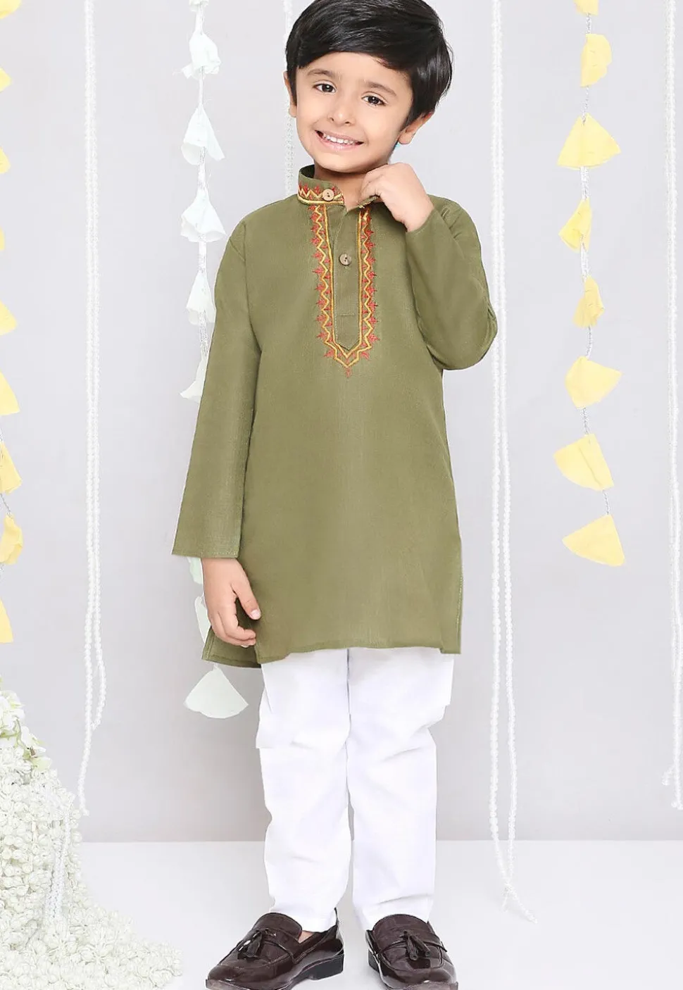 Embroidered Pure Cotton Kurta Set in Olive Green