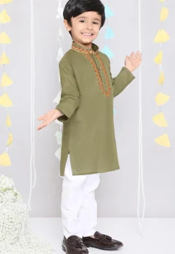 Embroidered Pure Cotton Kurta Set in Olive Green