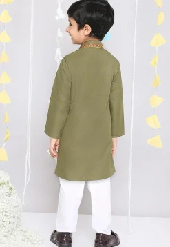 Embroidered Pure Cotton Kurta Set in Olive Green