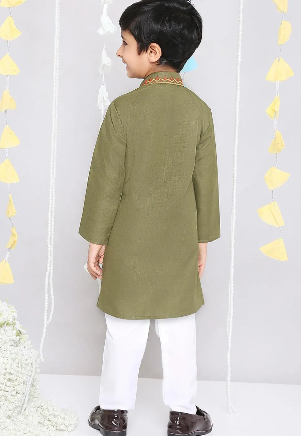 Embroidered Pure Cotton Kurta Set in Olive Green