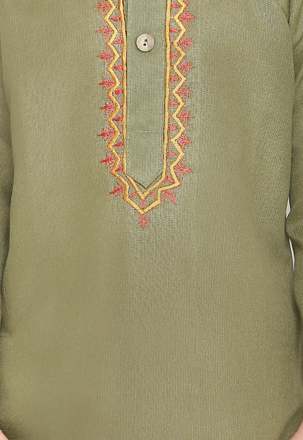 Embroidered Pure Cotton Kurta Set in Olive Green