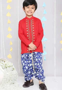 Embroidered Pure Cotton Kurta Set in Red