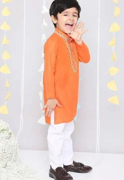 Embroidered Pure Cotton Kurta Set in Orange