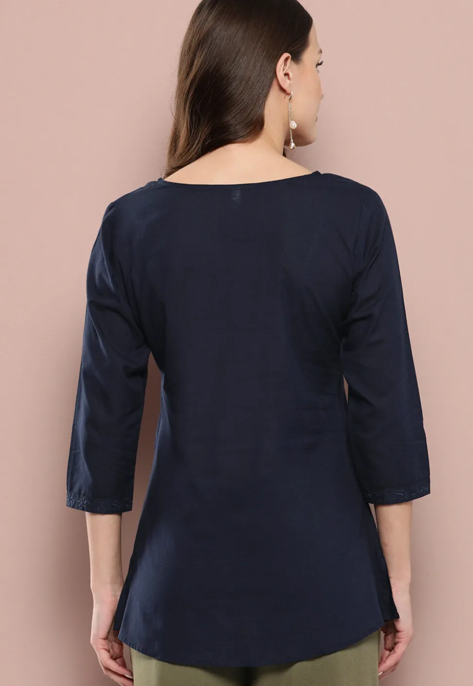 Embroidered Pure Cotton Kurti in Dark Blue