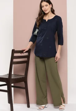 Embroidered Pure Cotton Kurti in Dark Blue