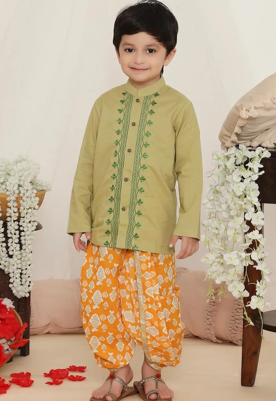 Embroidered Pure Cotton Kurta Set in Dusty Green
