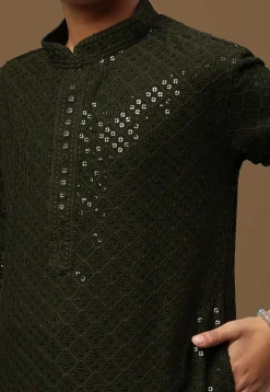 Embroidered Pure Cotton Kurta in Dark Olive Green