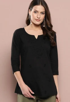 Embroidered Pure Cotton Kurti in Black