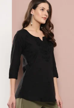 Embroidered Pure Cotton Kurti in Black