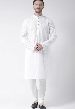 Embroidered Pure Cotton Kurta Set in White