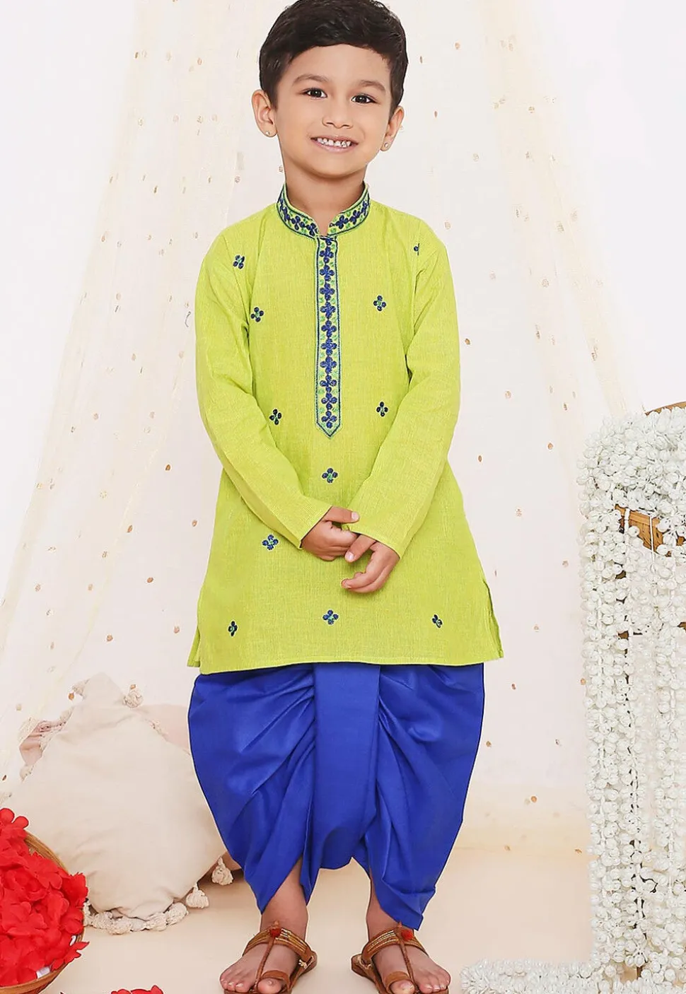 Embroidered Pure Cotton Kurta Set in Light Green