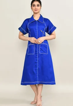 Embroidered Pure Cotton Midi Dress in Royal Blue