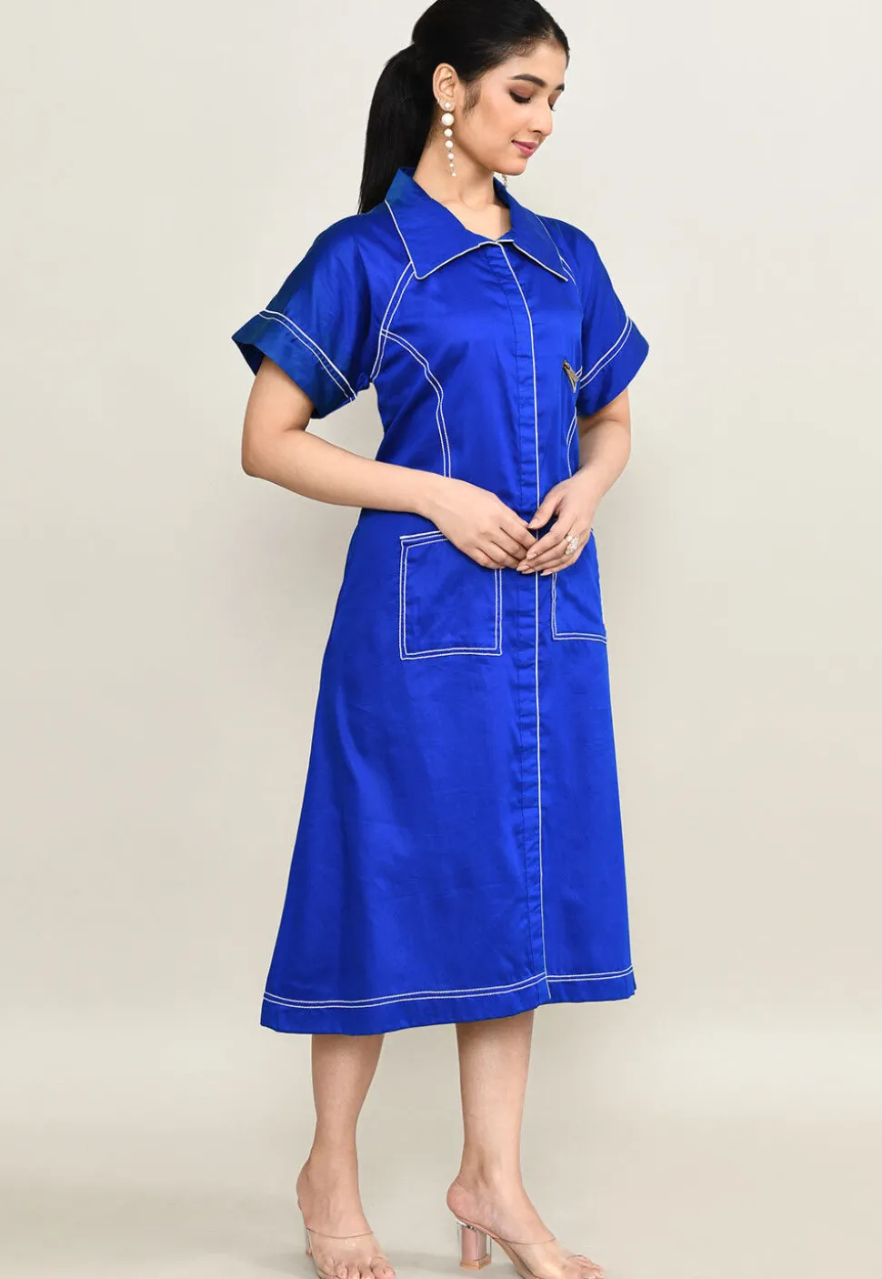 Embroidered Pure Cotton Midi Dress in Royal Blue