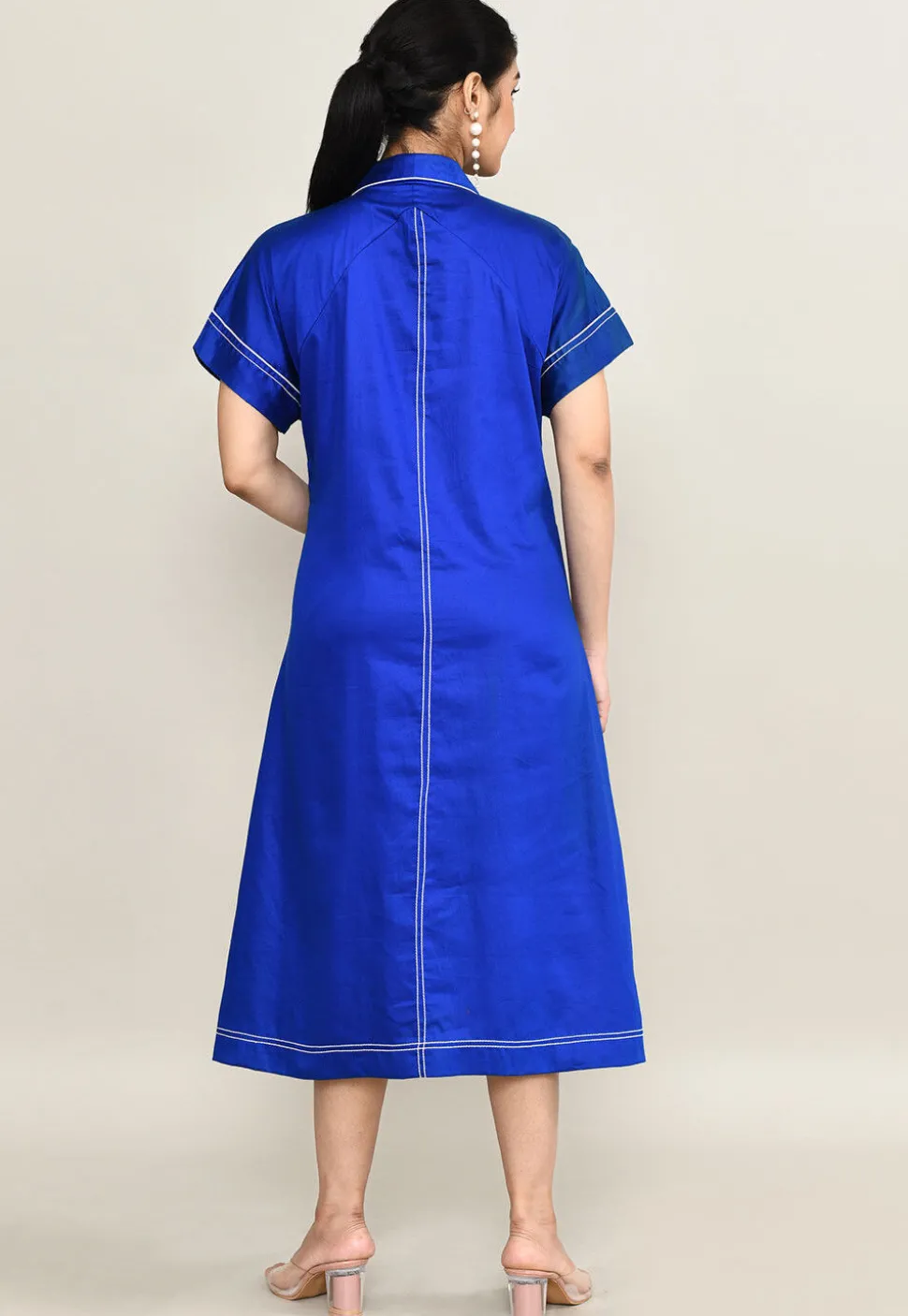 Embroidered Pure Cotton Midi Dress in Royal Blue