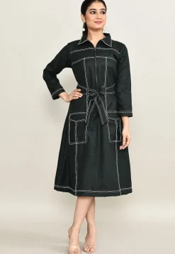 Embroidered Pure Cotton Midi Dress in Black