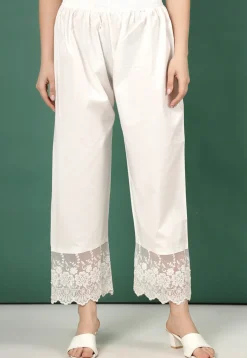 Embroidered Pure Cotton Palazzo in Off White