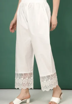Embroidered Pure Cotton Palazzo in Off White